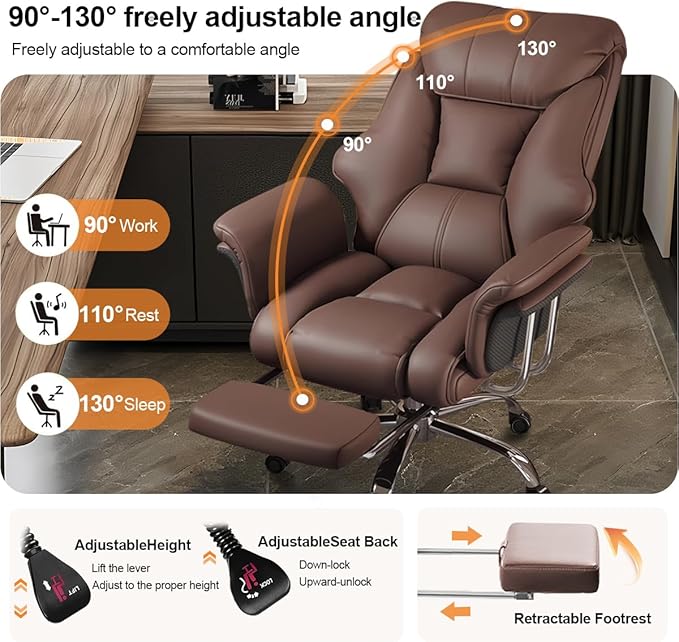 BTFYOU Big and Tall Office Chair with Armrests Executive Chair with Footrest and Spring Lumbar Support High Back Leather Ergonomic Chair Adjustable Height Tilt Lock for Business