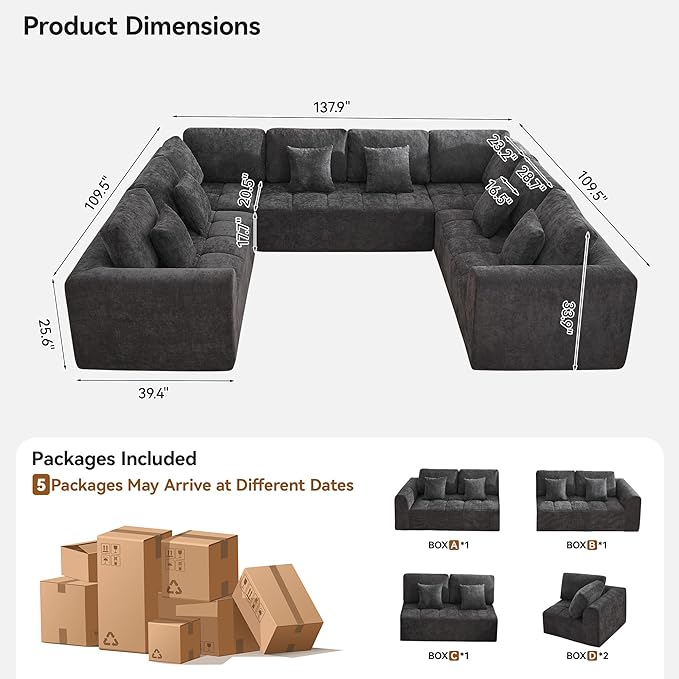 140''Modular Sectional Couches for Living Room, Cloud Boneless Compressed Sectional Sofa, Oversized U Shaped 8 Seater Upholstered Memory Foam Sofa, No Assembly, Chenille Grey