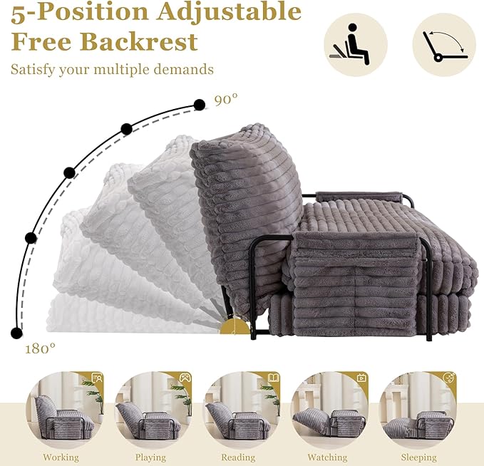 YOSHOOT Adjustable Lazy Floor Sofa Bed, Convertible Bean Bag Sofa Bed Couch, 5-Position Foldable Sleeper Chair with Armrest, Versatile Floor Seating Sofa for Reading Gaming（Grey）