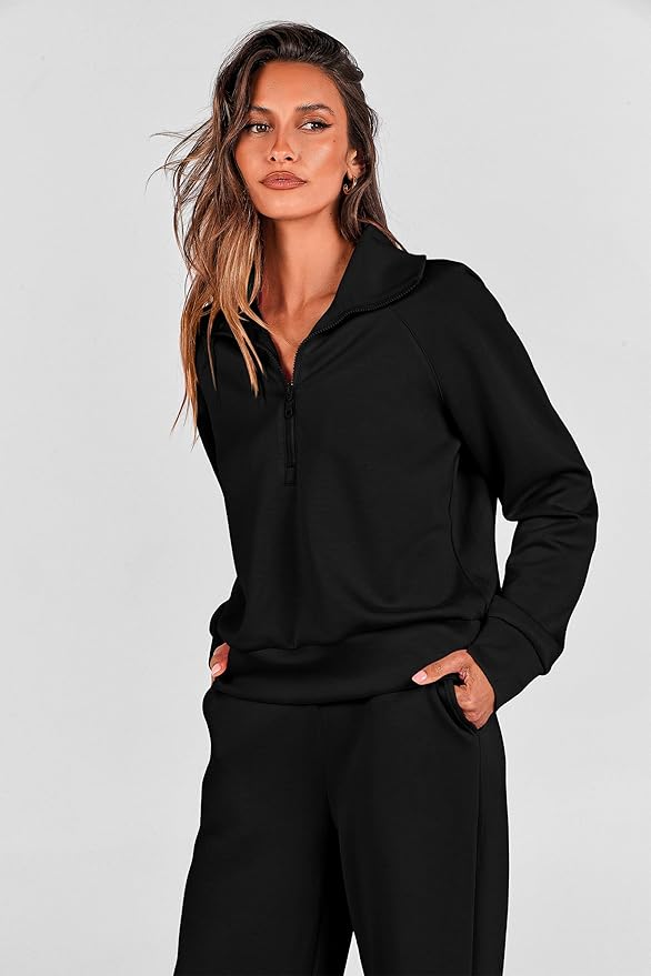 PRETTYGARDEN Women's 2 Piece Outfits Casual Lapel Half Zip Sweatshirts and Wide Leg Pants Tracksuit Sets