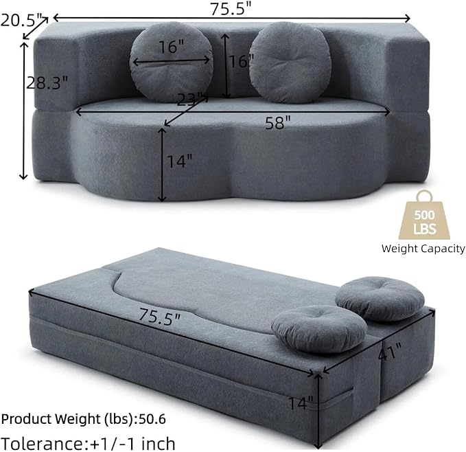 76" Convertible Folding Sofa Bed, 2-in-1 Twin Size Loveseat Sleeper Couch Bed with Two Pillows, Foldable Space-Saving | Design for Dorms Apartments Bedroom& Living Room,No Assemble(Grey)