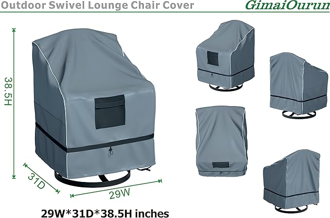 GimaiOurun Outdoor Swivel Recliner Cover, Waterproof Heavy Duty Outdoor Lawn Patio Furniture Rocking Chair Covers, (29 W x 31 D x 38.5 H Inches) 1 Pack, Grey