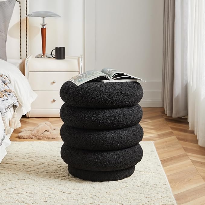 17.5'' Round Ottoman Foot Stool Fabric Storage Footrest Vanity Stool Chair, Modern Sherpa Upholstered Padded Seat with Lid for Living Room/Bedroom/Small Space/Make Up, Black