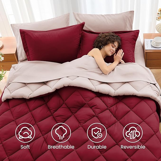 MUXHOMO 7 Pieces Queen Comforter Set, Reversible Bed in a Bag Queen Size, All Season Bedding Set with Comforter, Flat Sheet, Fitted Sheet, Pillowcases & Shams, Burgundy & Rose Gold