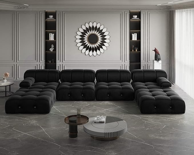 JACH 138" Modular Sectional Couch, U-Shaped Minimalist Velvet Sofas with Chaise Ottomans, Convertible Modern Deep 6-Seat Sofas Furniture for Living Room, Apartment (Black)