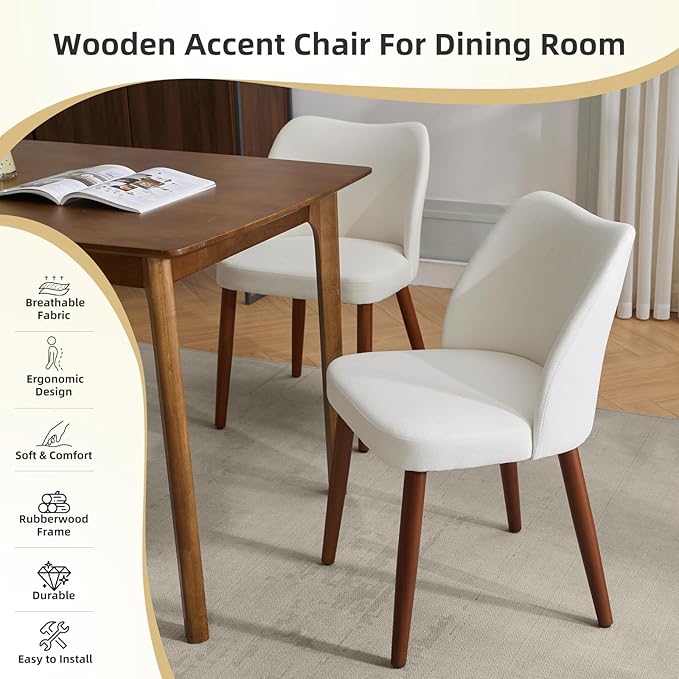 ElfinAura Dining Chair Set of 4, Linen Upholstered Dining Chair with Solid Wood Legs, Wing Backrest, Wooden Kitchen Chair, Kitchen Chairs with Thick Cushions for Dining Room, Living Room, White
