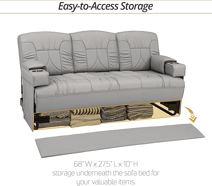 Qualitex De Leon Console SL RV Sofa Bed, 74" Wide, Ulitmate Leather, Ash