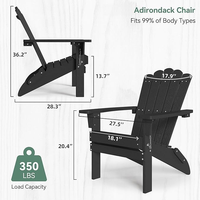 Adirondack Chairs, Folding Weather-Resistant Patio Chair with Wide Armrests & High Backrest, Fire Pit Chair for Garden, Backyard, Porch (Black)