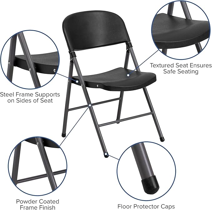 Flash Furniture HERCULES Series 330 lb. Capacity Black Plastic Folding Chair with Charcoal Frame