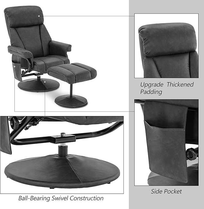 MCombo Swivel Recliner with Ottoman, TV Chair with Vibration Massage, Ideal for RV Small Space, Living Room & Bedroom 4539 (Faux Leather, Dark Grey)