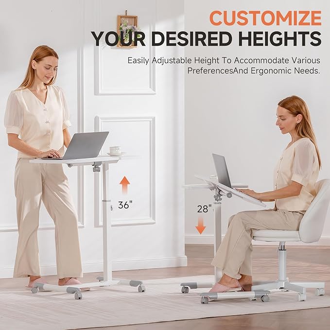 GTRACING Mobile Small Standing Desk, Tiltable Sit Stand Portable Rolling Laptop Desk with Lockable Wheels, Adjustable Height Overbed Bedside Table Computer Workstations, White