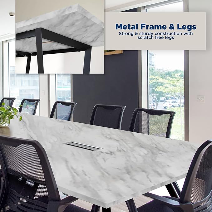 ahliss Sturdy Conference Table with Cable Management Grommets Modern Rectangle Office Meeting Table with Wood Tabletop and Metal Frame & Legs- Easy Assembly Boardroom Table (White Marble, 10 Foot)
