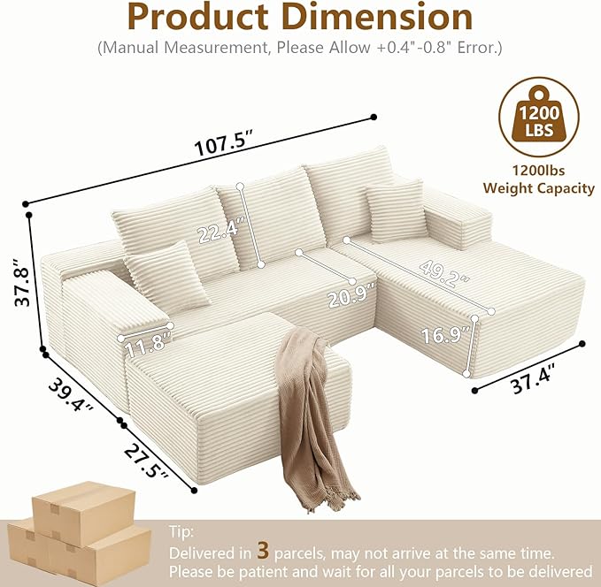 Lakifun 107" U-Shape Cloud Couch, Modern Modular Sectional Comfy L-Shape Sofa with Ottoman, Deep Seat, Upholstered Corduroy Sleeper Chaise Longue for Living Room Bedroom, No Assembly Required, White