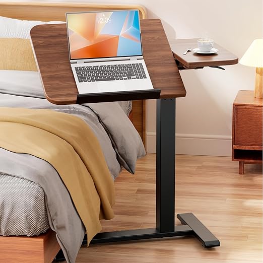 GTRACING Overbed Bedside Table with Wheels,Tiltable Hospital Bed Table Over The Bed, Pneumatic Adjustable Rolling Laptop Desk, Mobile Standing Desk for Hospital and Home Use (Walnut)