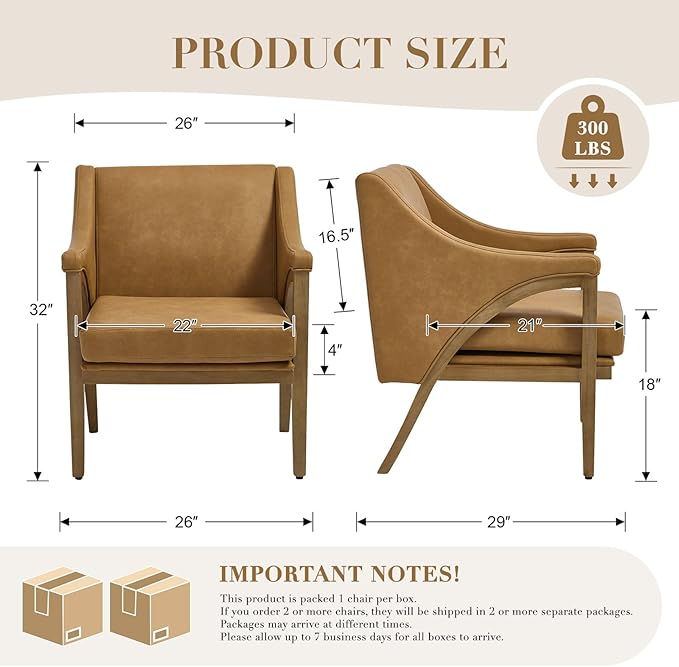 CIMOTA Mid Century Modern Accent Chair with Barrel Back, Upholstered Armchair Comfy Reading Chair with 4" Thick Cushion, Solid Wood Legs for Living Room/Bedroom/Reading Corner, PU Fabric, Brown