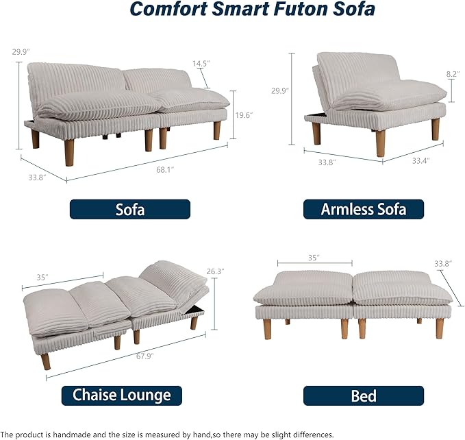 2 Sets 69" Futon Sofa Bed, 4 in 1 Multi-Function Couch Sleeper with Adjustable Backrest, Modern Convertible Futon, Recliner Small Loveseat for Living Room, Plush Beige