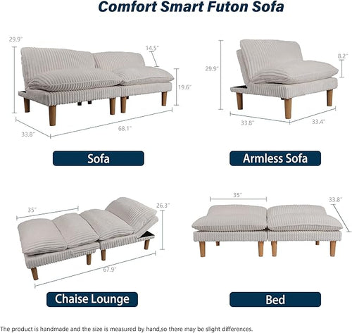 3 Sets 69" Futon Sofa Bed, 4 in 1 Multi-Function Couch Sleeper with Adjustable Backrest, Modern Convertible Futon, Recliner Small Loveseat for Living Room, Plush Beige