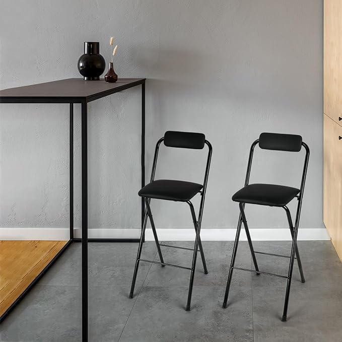Thyle 1 Pcs Folding Bar Stool with Backrest, Tall Foldable Stool Chair Portable High Folding Bar Chair Counter Height Seat Leather Padded for Kitchen Island Shop Cafe Dining Room Black (24 Inch)