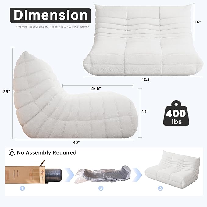 Bean Bag Chairs for Adults, BeanBag Reading Chair Memory Foam Couch, Floor Chair Soft Teddy Material, Comfy Reading Nook Chairs for Bedroom Living Room Office(White)
