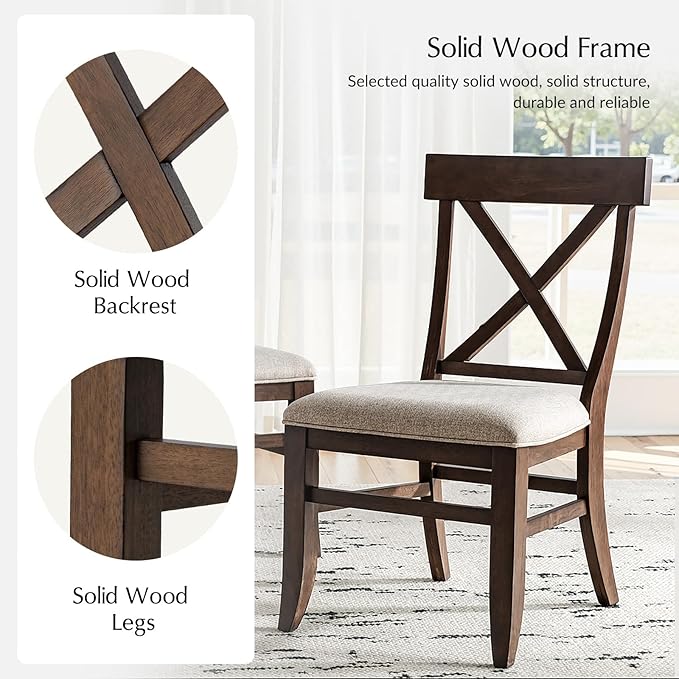 HULALA HOME Solid Wood Dining Chairs Set of 2, Walnut Farmhouse Upholstered Kitchen Dining Room Chair Mid-Century Modern Dinner Chair with Cross Back Wooden Legs for Living Room, Restaurat, Cafe