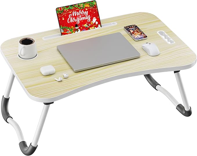 Folding Lap Desk, 23.6 Inch Wood Laptop Bed Desk with Cup Holder, Portable Bed Table for Working Writing Reading & Eating for Bed, Sofa, Couch, Floor - White