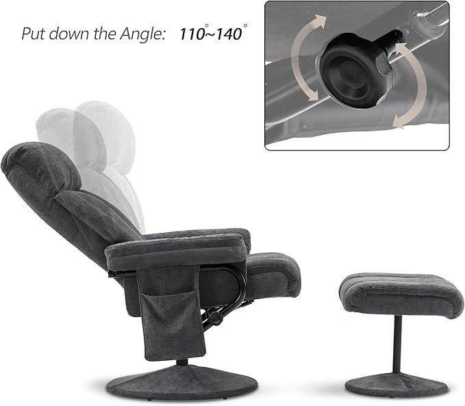 MCombo Swivel Recliner with Ottoman, TV Chair with Vibration Massage, Ideal for RV Small Space, Living Room & Bedroom 4539 4828 (Textile, Dark Grey)