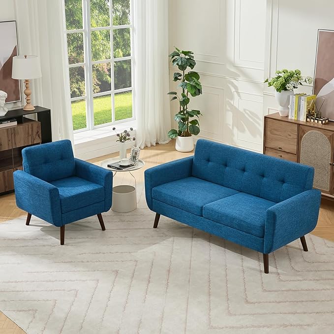 Tbfit Mid Century Modern Sofa Couch, Blue, Loveseat & Accent Chair | linen fabric, button tufted, solid wood foot, pocket spring, wood slats frame