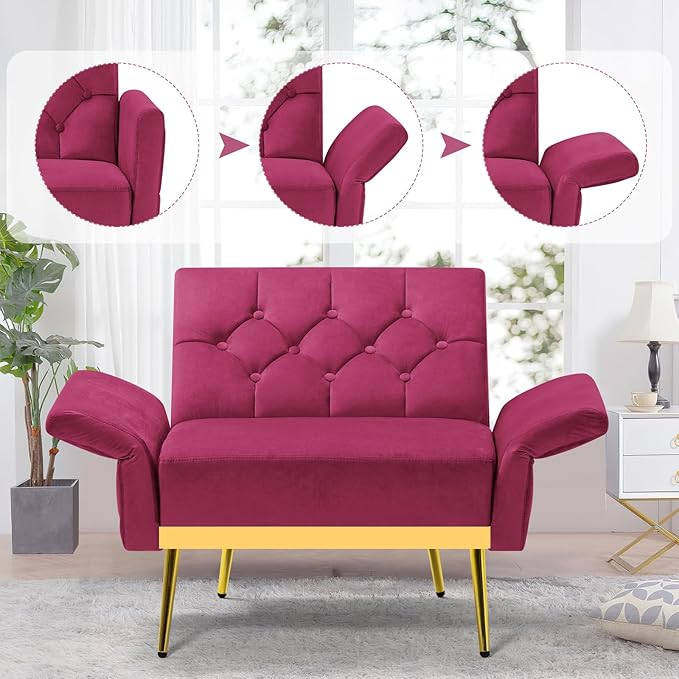 ACMEASE Velvet Accent Chair w/Adjustable Armrests and Backrests, Tufted Single Sofa with Ottoman, Upholstered Reading Chiar for Living Room, Apartment, Bedroom, Fuchsia