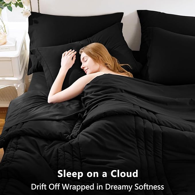 CozyLux Full Size Comforter Sets - 7 Piece Bed in a Bag Black Comforter Set with Sheets Luxury Bed Set All Seasons, Soft Bedding Set with Down Alternative Comforter, Sheets, Pillowcases & Shams