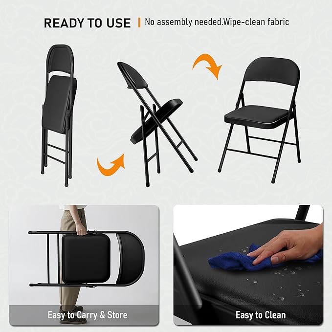 SEALAMB 30 Pack Black Folding Chairs with Padded Seats & Cushion, Durable Metal Foldable Chairs for Wedding Party, Commercial Chairs for Office School Church Events, 330lb Capacity (Black-PU, 30 Pack)