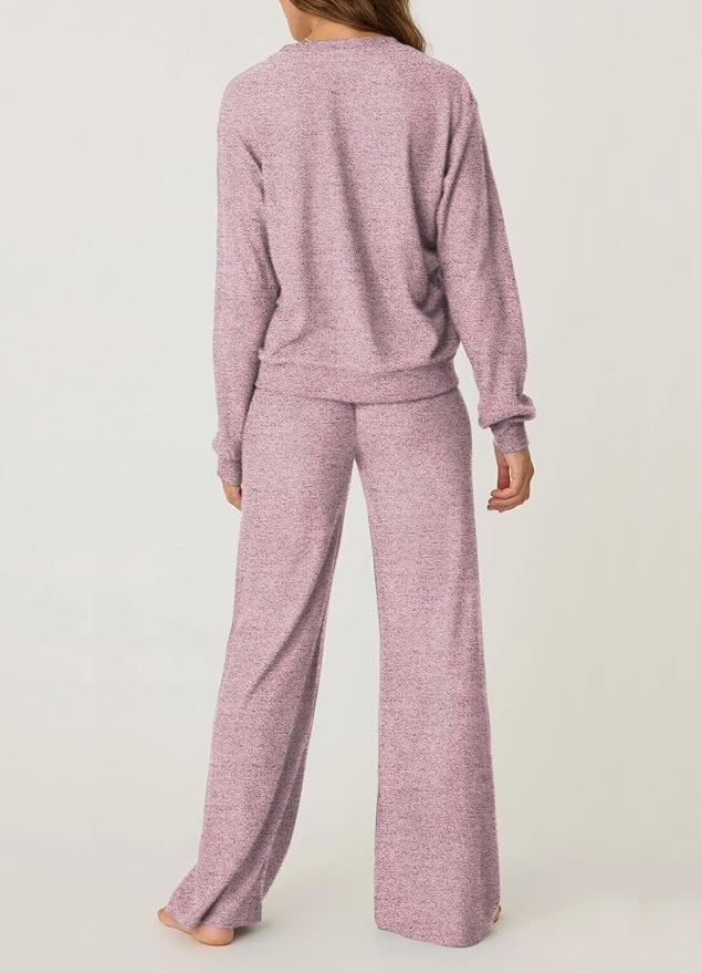 Aamikast Women's 2-Piece Lounge Set Soft Brushed Jersey Sleepwear Pajamas Set Long Sleeve Top & Wide Leg Pants