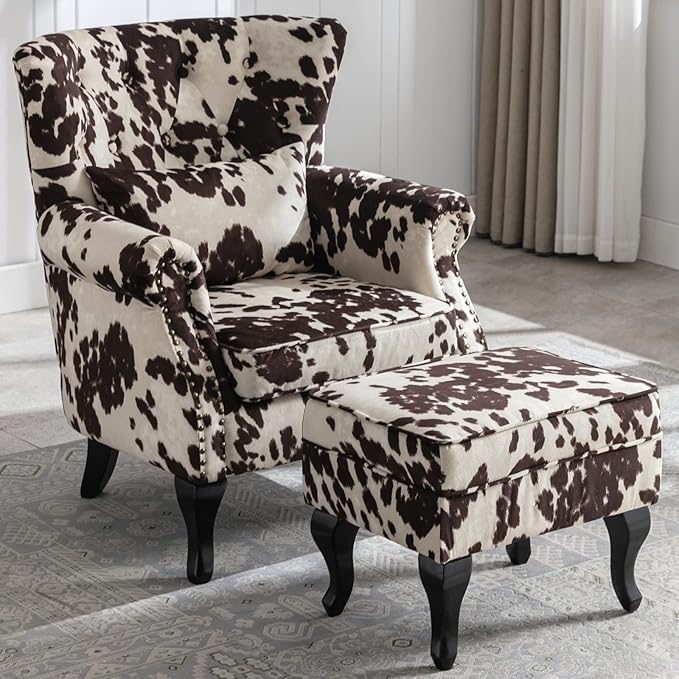 LZAREAL Accent Reading Arm Chairs with Ottoman for Living Room Bedroom, Midcentury Modern Comfy Corner Sofa Chair, Wingback Waiting Room Club Chair with Button Tufted Back &Lumbar Pillow, Fabric Cow