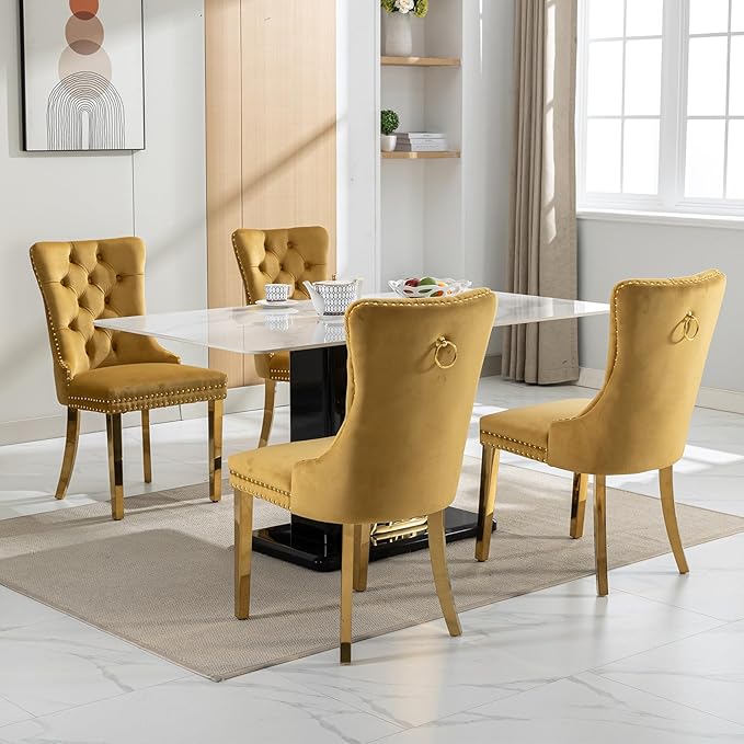 YeahFurn Mid Century Modern Dining Chairs Set of 2, Yellow Velvet Upholstered Tufted Back, Kitchen & Dining Room Chairs, Gold Metal Legs, Nailhead Trim, Sillas para Comedor (Yellow, 2 Pcs)