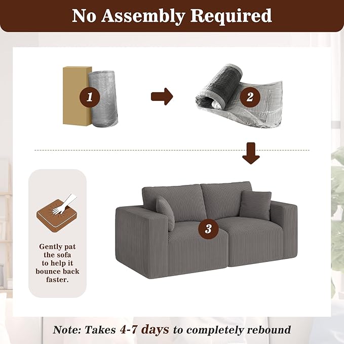 79" Modular Loveseat Cloud Couch, Memory Foam Boneless Double Sofa, Comfy Upholstered Corduroy Frameless Furniture, No Assembly Required Small Couch for Apartment, Living Room, Office House, Grey