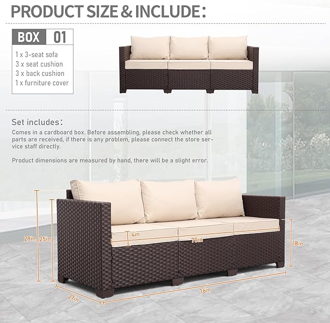 Patio Furniture 3-seat Sofa Wicker Outdoor Furniture Outdoor Couch Deep Seat Hight Backrest Non-Slip Cushions, Khaki