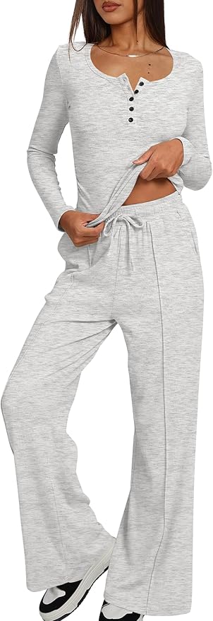 Darong Womens 2 Piece Matching Lounge Sets 2026 Long Sleeve Henley Shirts Wide Leg Pants Airport Travel Outfits