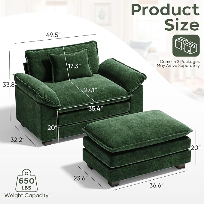 CDCASA 50'' Oversized Chair with Movable Ottoman, Chenille Comfy Cloud Sofa Accent Chair w/Large Seat and Armrests, Modern Extra Wide Armchair Reading Chairs for Living Room, DIY Combination, Green