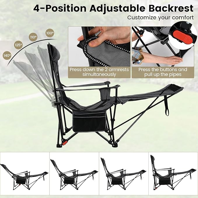 GYMAX Reclining Camping Chairs with Footrest, Lightweight Foldable Camping Chairs with Cup Holders, Adjustable Backrest, Headrest, Heavy Duty Camp Chair for Adult Outdoor Fishing Beach (Grey,2)