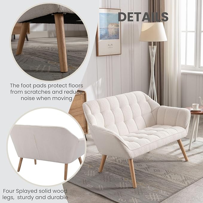 48" White Small Loveseat Sofa, Comfy Faux Fur 2-Seat Love Seat with Wood Legs, Modern Tufted Wingback Upholstered Sofa Couch for Small Space Living Room Bedroom Apartment