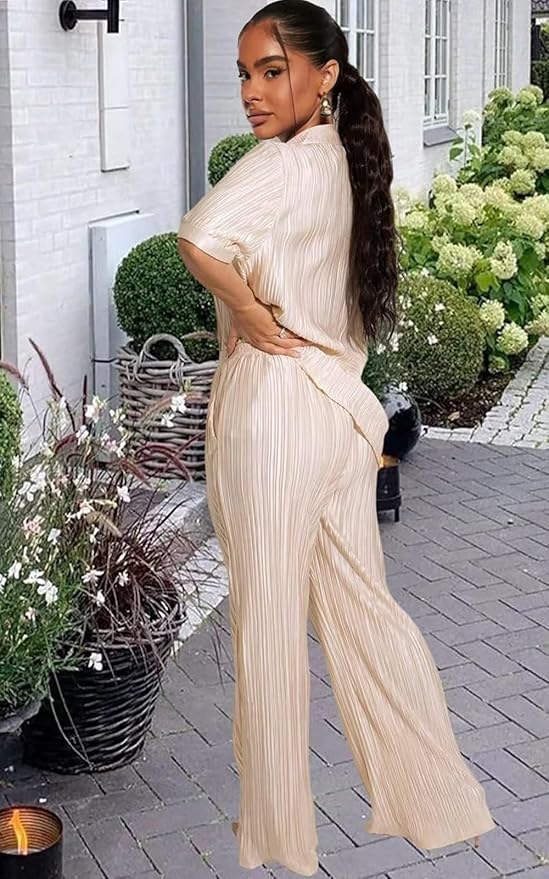 Ekaliy Women's 2 Piece Casual Pleated Outfits Short Sleeve Button Down Shirt High Waist Wide Leg Trouser Sets Suit