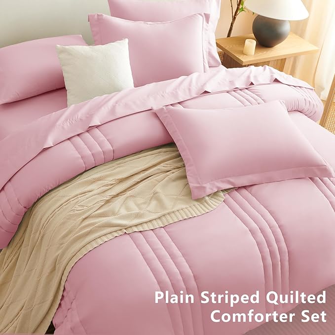 CozyLux King Comforter Set - 7 Pieces Bed in a Bag Pink Comforter Set with Sheets Luxury Bed Set All Seasons, Soft Bedding Set with Down Alternative Comforter, Sheets, Pillowcases & Shams