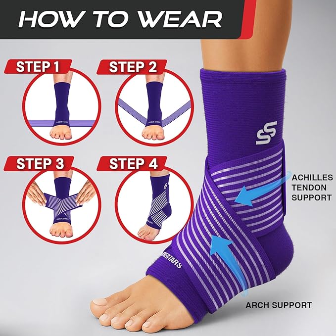 Sleeve Stars Ankle Support for Ligament Damage & Sprained Ankle, Plantar Fasciitis Support & Achilles Tendonitis Pain Relief, Ankle Brace for Women & Men (Single/Dark Purple)