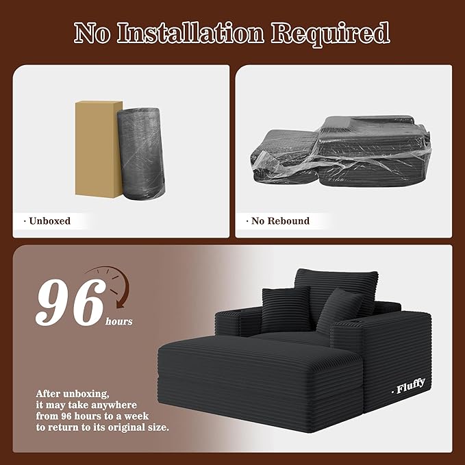 Gericco 52" Boneless Chaise Lounge Chair Indoor — Oversized Cloud-Like Cozy Comfy Modular 3-in-1 Sofa Bed for Reading, Living Room & Bedroom Corduroy Couch Sleeper, Black