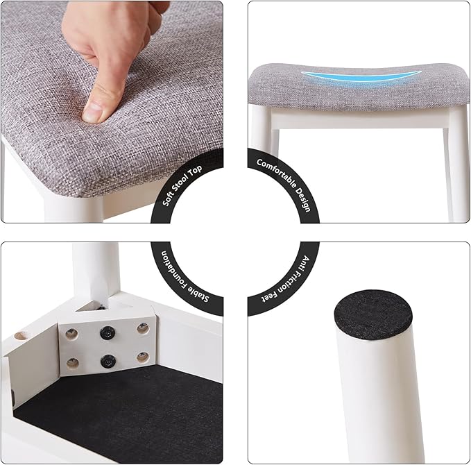 IBUYKE Saddle Cushion Vanity Stool Chair, Foot Rest Stool with Solid Wood Legs, Modern Vanity Bench Ottoman for Piano, Upholstered Seat for Bedroom, Entryway, White Legs&Light Gray WBD007WG