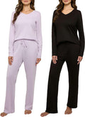 Real Essentials 2 Pack Women's Soft Cotton Long Sleeve Pajama Set with Pants - Lounge Sets for Women (Available In Plus)