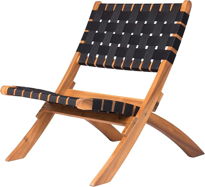 Balkene Home 62774 Sava Indoor Outdoor Folding Chair Low Slung Portable Seating Solid Acacia Wood Woven Seat & Back Indoors Porch Lawn Garden Fishing Sporting - Black Webbing