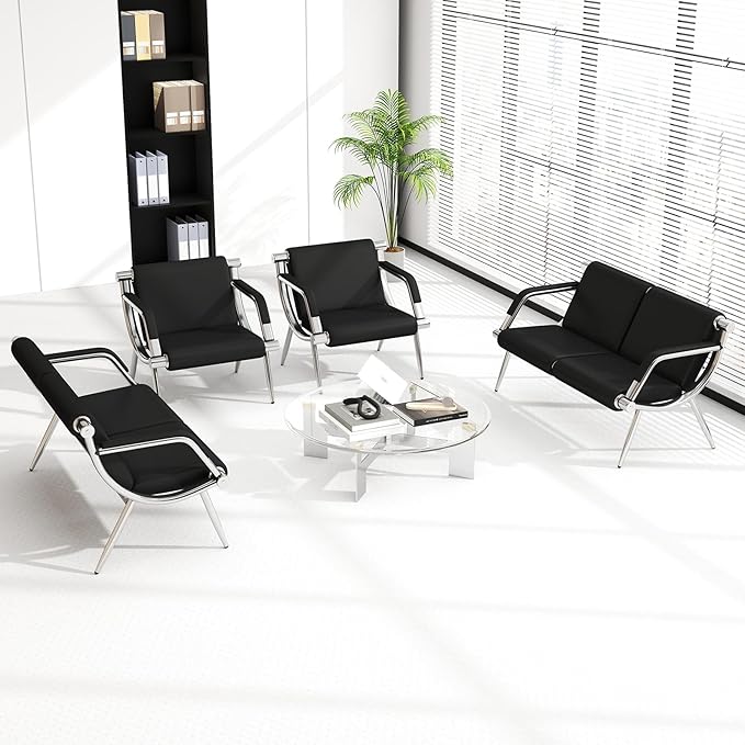 Kinfant Waiting Room Chair- Office Reception Furniture with Armrest and PU Leather Cushion, Office Guest Chair for Waiting Room Airport Hospital Bank Lobby, Black (6 Seat)