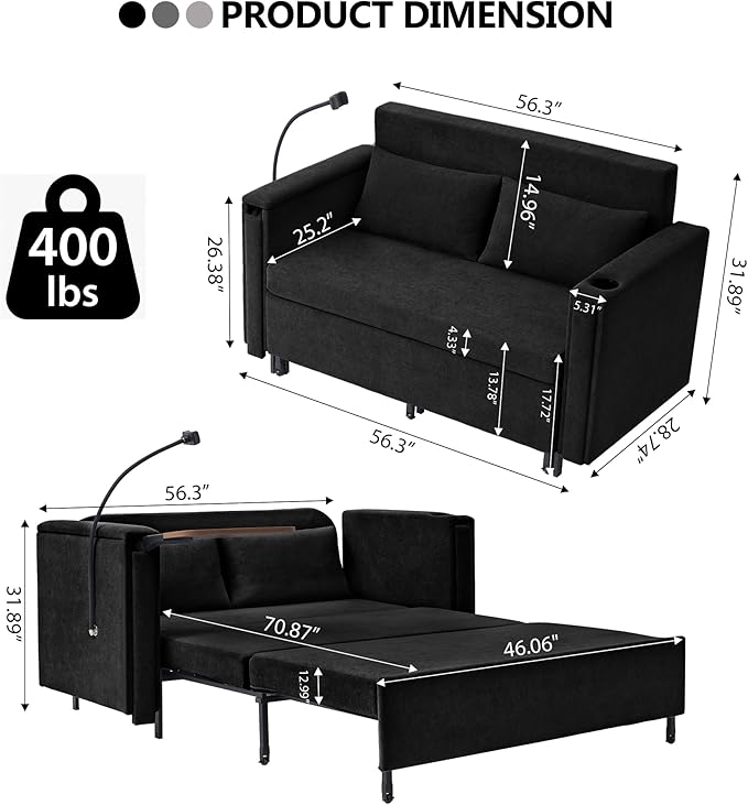 ORRD Pull Out Sofa Bed, 2-in-1 Multi-Functional Sleeper Couch Small Loveseat Bed with Hidden Side Table, Phone Holder and Cup Holder for Living Room, Small Space, Apartment (Black)