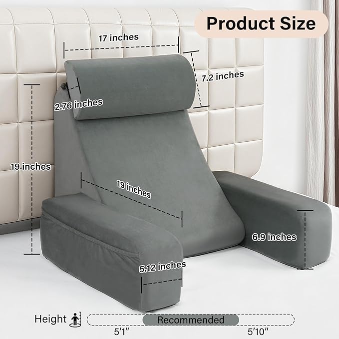 ENITYA 19" Back Support Pillow,Reading Pillow with Built-in Arms & Large Pockets, Removable Washable Cover, Wedge for Sitting,Reclining,Watching TV,Post Surgery in Bed,Couch or Floor,Medium Firm,Grey
