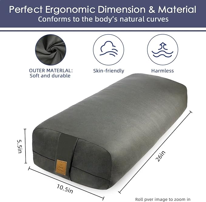 Yoga Bolster Pillow 26x10.5x5.5in Rectangular Meditation Cushion for Massage and Back Support, Breathable Cotton Fill, Zippered Organic Cotton Cover, Easy-Carry Handle, Machine Washable (Purple)